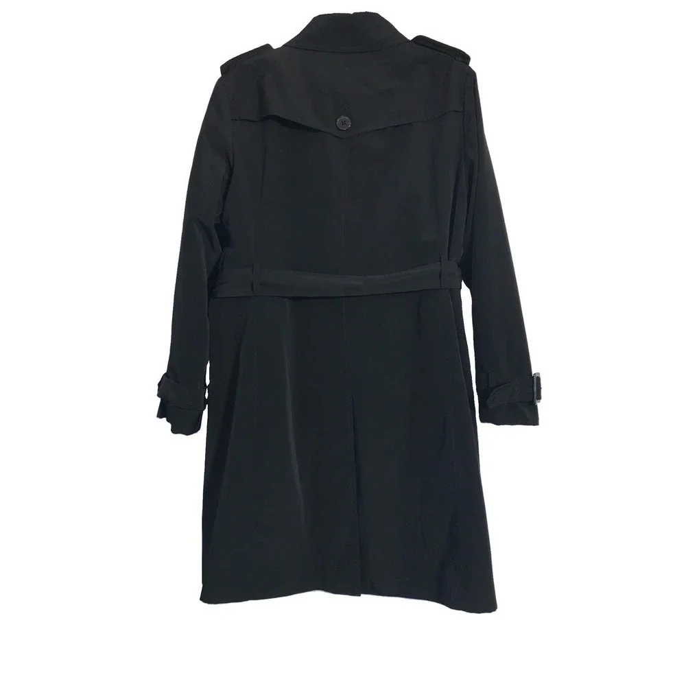 London Fog Women's Trench Coat Black Double Breasted Size Large Plaid Lining